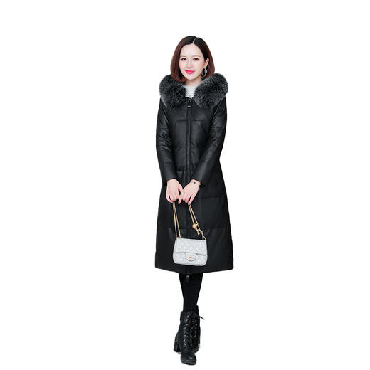 FS-HQ1971海宁冬季真皮狐狸毛领连帽羽绒服女绵羊皮长款韩版皮羽绒外套 商品图4