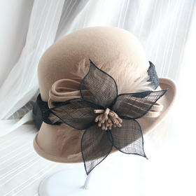 BL-韩国秋冬新版羊毛呢礼帽麻纱羽毛花朵卷边盆帽女士优雅遮阳时装帽