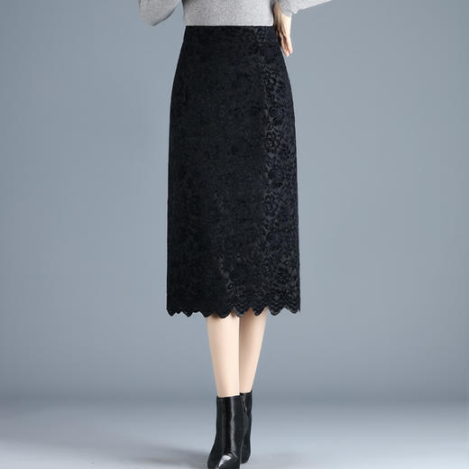 TY-8632秋冬植绒蕾丝裙半身裙女2020新款高腰修身包臀裙中长款开叉一步裙 商品图1