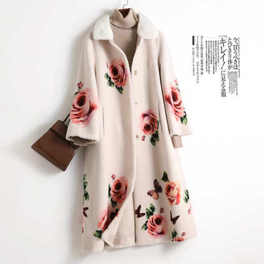 FS-5W20170羊剪绒大衣女中长款大码玫瑰印花羊毛皮草水貂毛领外套 商品图3