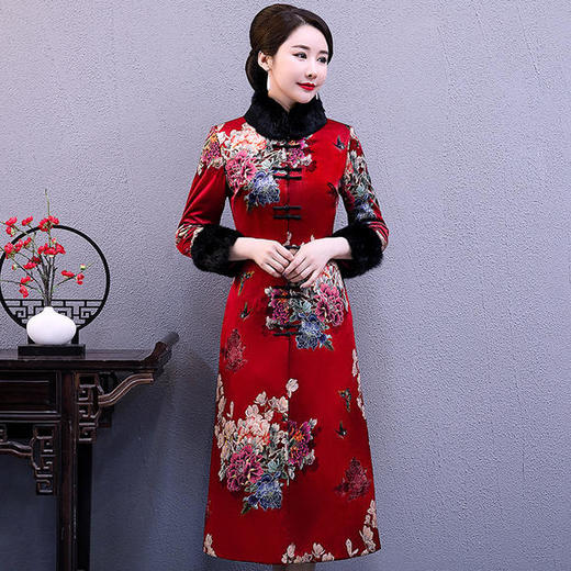 WXG-真丝风衣女中长款唐装夹棉旗袍长袖兔毛 商品图0