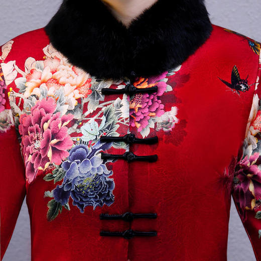 WXG-真丝风衣女中长款唐装夹棉旗袍长袖兔毛 商品图3