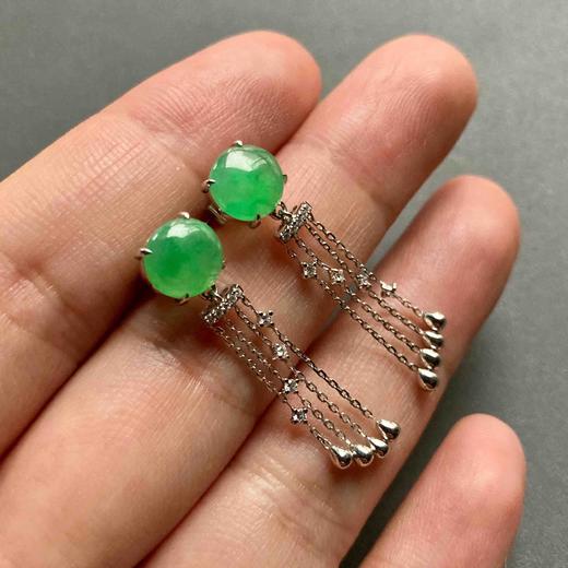 冰种阳绿翡翠蛋面流苏耳坠18k白金钻石镶嵌 商品图7