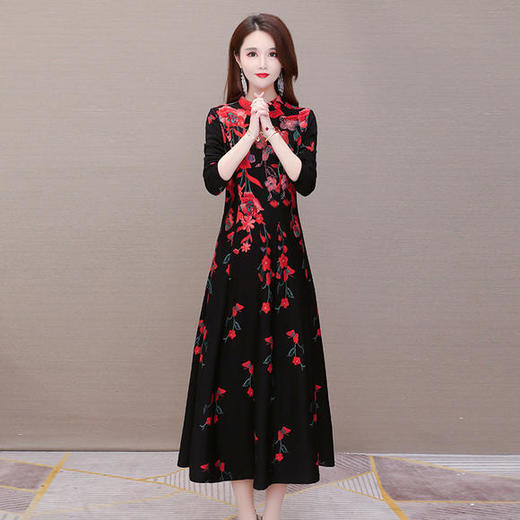 YWE-XH-JKL237新款优雅气质修身立领长袖中长款加绒加厚印花连衣裙TZF 商品图2