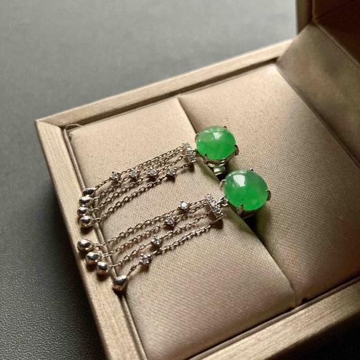 冰种阳绿翡翠蛋面流苏耳坠18k白金钻石镶嵌 商品图5