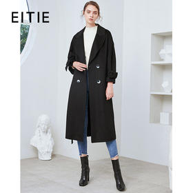 EITIE爱特爱冬季新款气质收腰显瘦黑色双排扣毛呢大衣女长款6014736