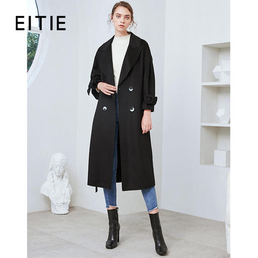 EITIE爱特爱冬季新款气质收腰显瘦黑色双排扣毛呢大衣女长款6014736 商品图0