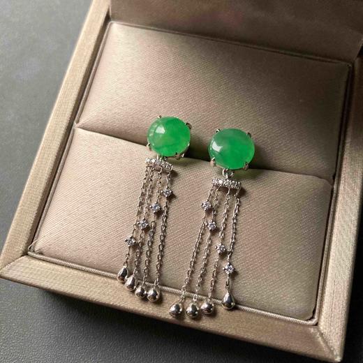 冰种阳绿翡翠蛋面流苏耳坠18k白金钻石镶嵌 商品图3