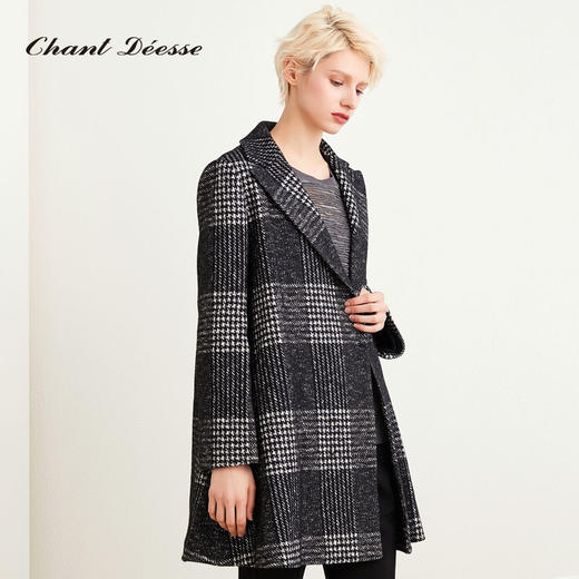 圣黛茜女装黑色格子状羊毛大衣秋冬时尚大衣外套DP83CH01B3 商品图1