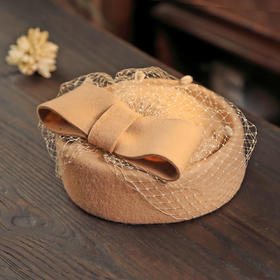 AR-TS005韩版空姐英伦小香风格蝴蝶结网纱蕾丝羊毛呢帽子小礼帽