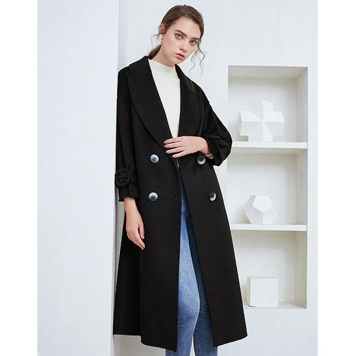EITIE爱特爱冬季新款气质收腰显瘦黑色双排扣毛呢大衣女长款6014736 商品图2
