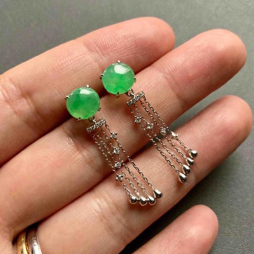 冰种阳绿翡翠蛋面流苏耳坠18k白金钻石镶嵌 商品图8
