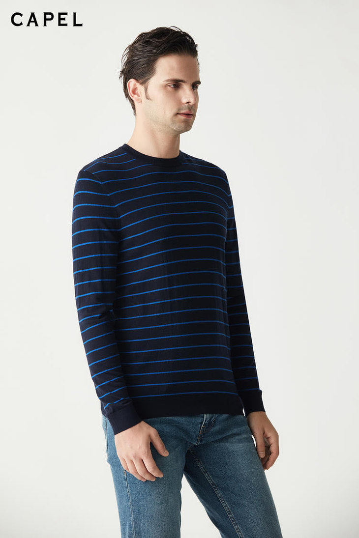 capel卡博尔男装休闲蓝黑条纹长袖毛衫t87515