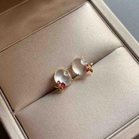 玻璃种翡翠蛋面红樱桃耳钉18k黄金红碧玺镶嵌