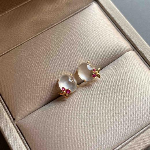 玻璃种翡翠蛋面红樱桃耳钉18k黄金红碧玺镶嵌 商品图0