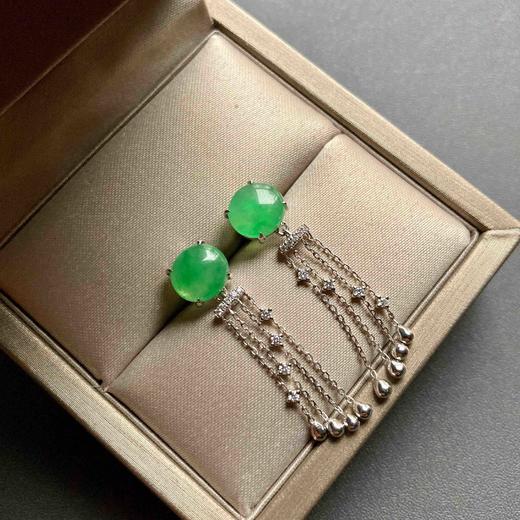 冰种阳绿翡翠蛋面流苏耳坠18k白金钻石镶嵌 商品图1