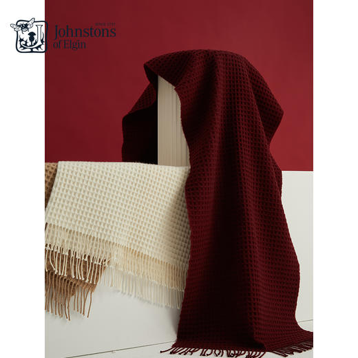 独家系列 180×50cm 华夫格纯羊绒围巾 波尔多红 商品图1