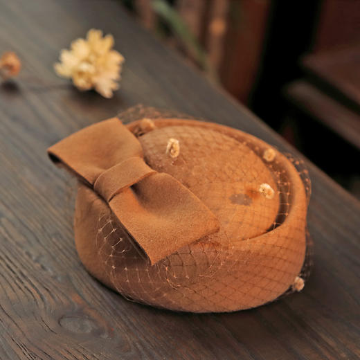 AR-TS005韩版空姐英伦小香风格蝴蝶结网纱蕾丝羊毛呢帽子小礼帽 商品图3