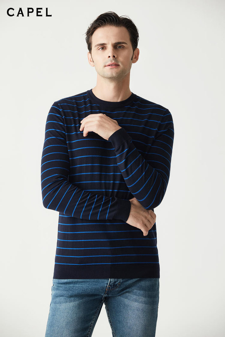 capel卡博尔男装休闲蓝黑条纹长袖毛衫t87515