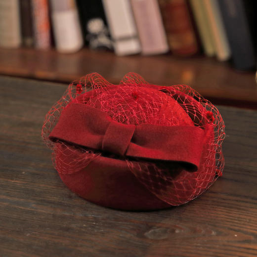 AR-TS005韩版空姐英伦小香风格蝴蝶结网纱蕾丝羊毛呢帽子小礼帽 商品图2