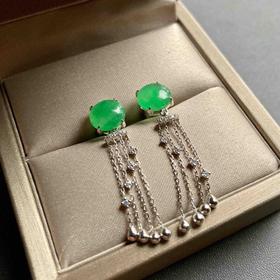 冰种阳绿翡翠蛋面流苏耳坠18k白金钻石镶嵌