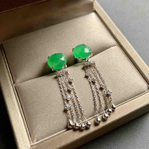 冰种阳绿翡翠蛋面流苏耳坠18k白金钻石镶嵌 商品图0