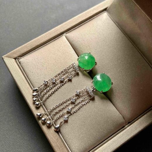 冰种阳绿翡翠蛋面流苏耳坠18k白金钻石镶嵌 商品图4