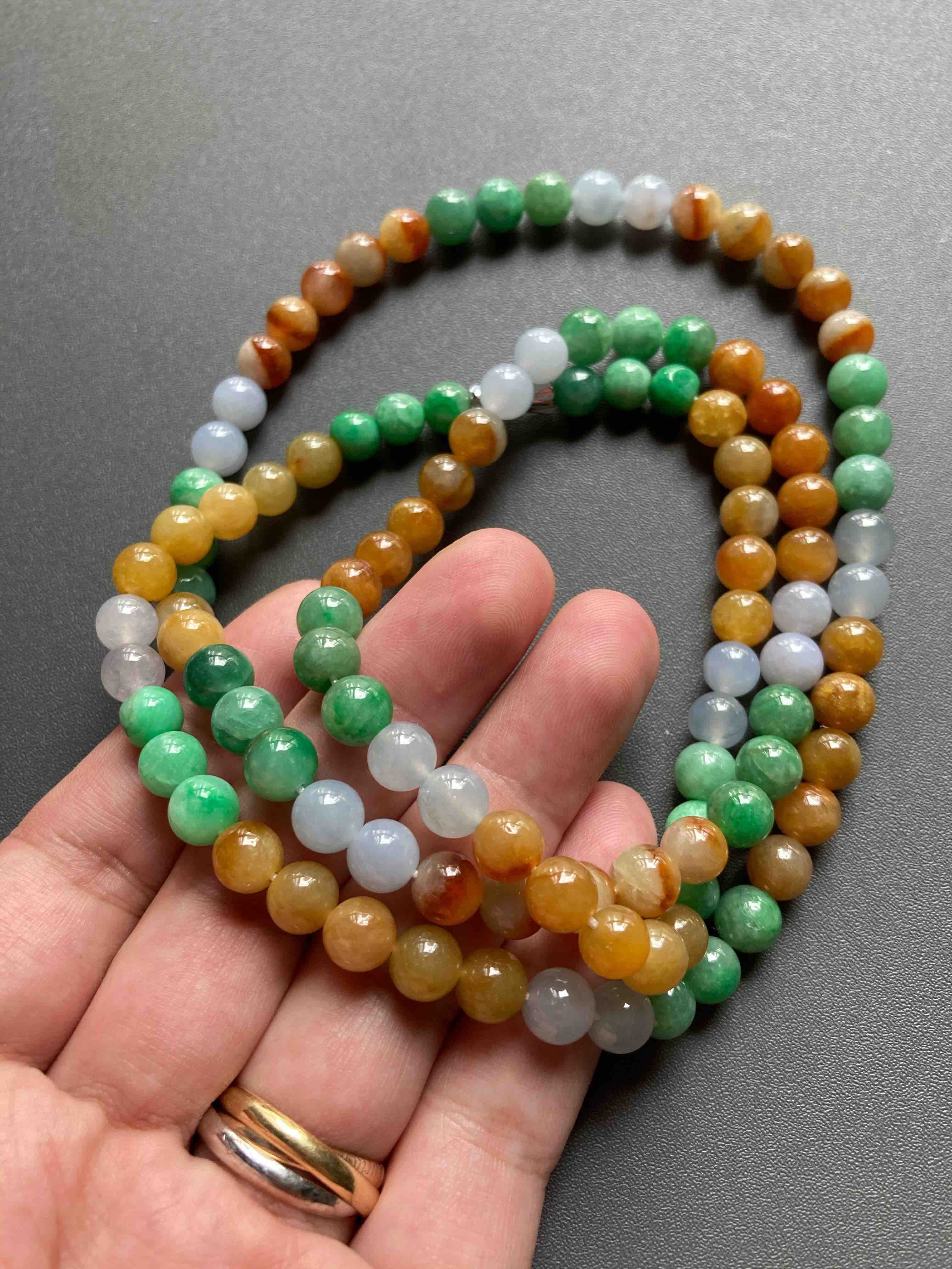 糯冰种三彩阳绿黄翡翡翠珠串108珠