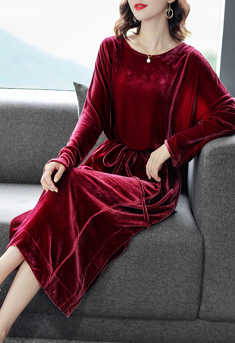 lyfzly219新款高端优雅气质宽松圆领长袖中长款真丝绒连衣裙