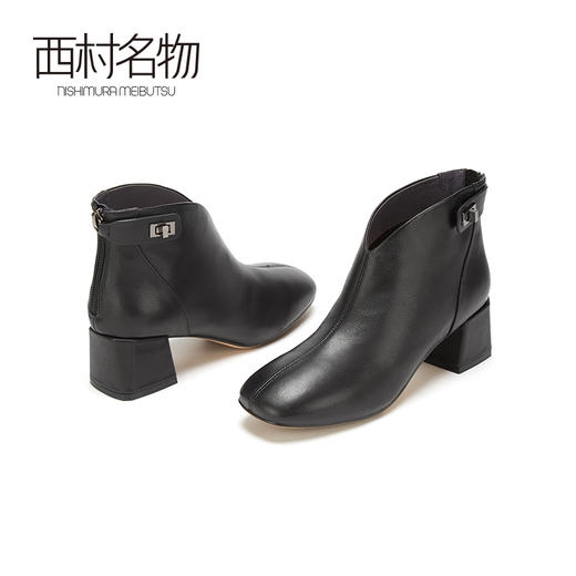 西村名物2020冬季新款气质净版拉链高跟短靴牛皮革中跟女靴X20DS40231 商品图3