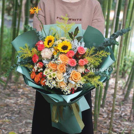 欢愉丨多玫瑰向日葵混合花束 商品图0
