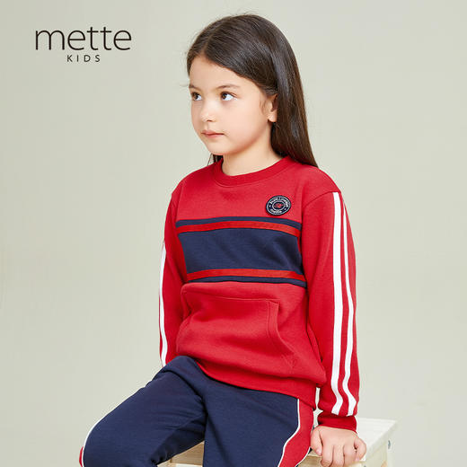 METTE童装加绒卫衣2020冬中性儿童休闲拼接撞色圆领套头保暖上衣 商品图0