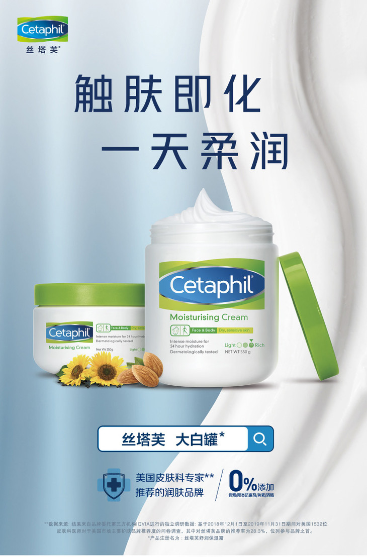 假日洗护250gcetaphil丝塔芙舒润保湿霜肌肤即化一天柔润
