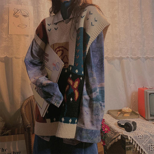 复古V领个性图案针织衫+长袖扎染衬衫套装女秋新款宽松马甲两件套 商品图0