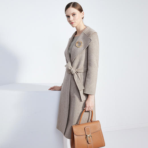 马天奴秋季简约灰色翻领中长款双面呢羊毛大衣mpa306dn0