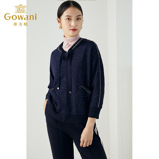 【绵羊毛】乔万尼秋冬新款休闲连帽外套软糯舒适百搭拼接螺纹设计感开衫ES4B331 商品图1