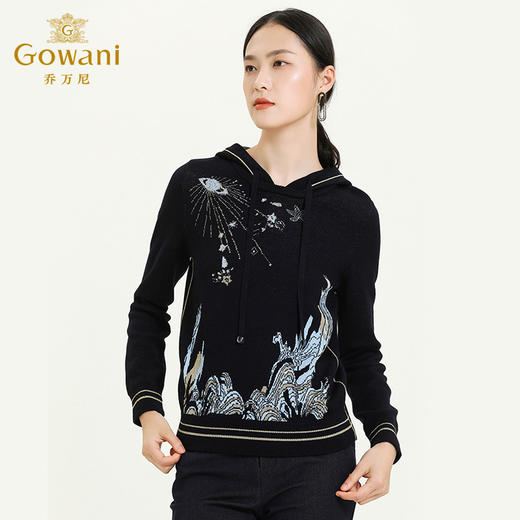 乔万尼秋冬新款连帽设计套头毛衫重磅羊毛提花设计感时尚百搭上衣ES4M383 商品图2