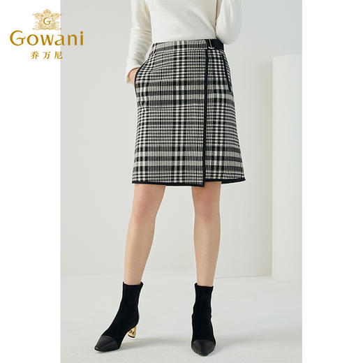 乔万尼秋冬经典黑白格撞色织带时尚百搭洋气英伦风显瘦半裙ES4D420 商品图3