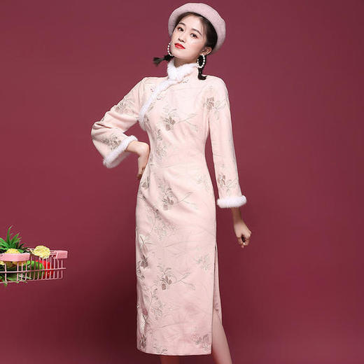 OYCP-20868复古毛呢长袖改良旗袍连衣裙 商品图4