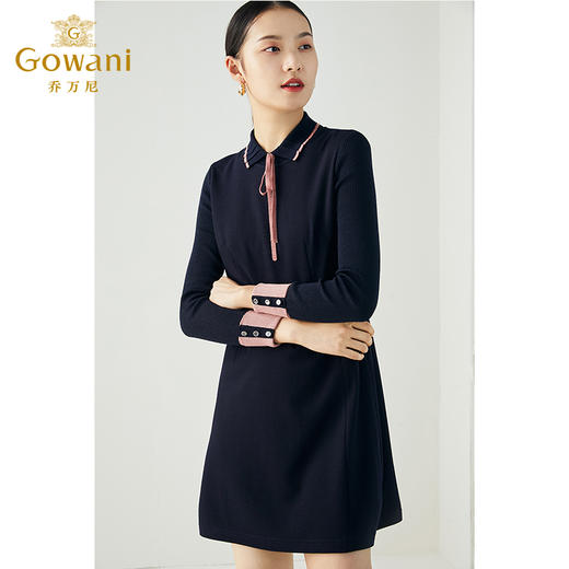 乔万尼秋冬纯羊毛银河蓝弹力针织软糯撞色设计感时尚减龄连衣裙ES4E330 商品图2