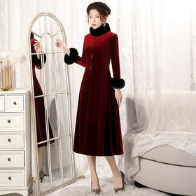 BJ-20108复古日常改良毛领加厚丝绒长款宴会旗袍