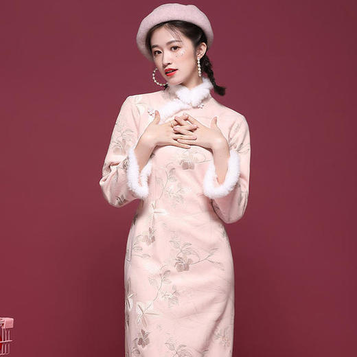OYCP-20868复古毛呢长袖改良旗袍连衣裙 商品图3