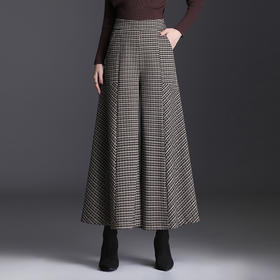 QJBH-HWM60195格子毛呢阔腿裤高腰垂感大脚甩裤宽松九分裙裤