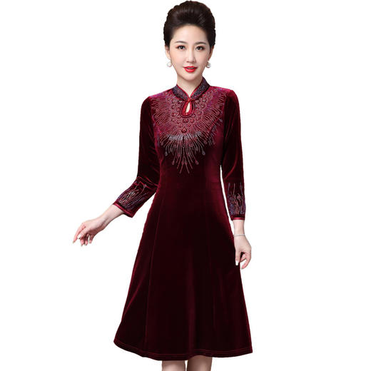 JY-JY211金丝绒复古气质大码妈妈婚宴礼服加绒连衣裙旗袍 商品图4