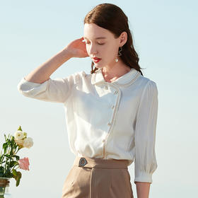 欧芮儿夏新款七分袖白色衬衫女修身显瘦衬衣不规则上衣