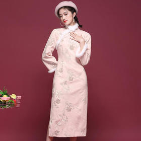OYCP-20868复古毛呢长袖改良旗袍连衣裙