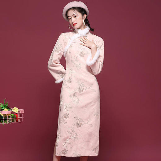 OYCP-20868复古毛呢长袖改良旗袍连衣裙 商品图0