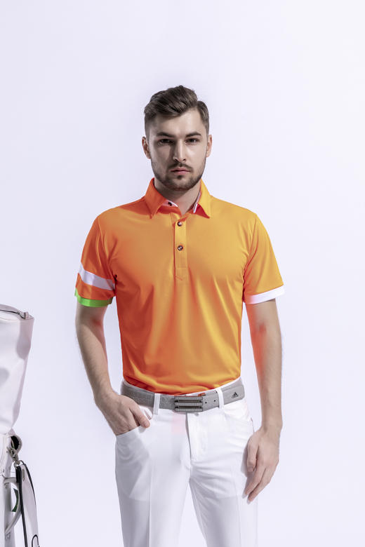 2022顺丰包邮<短袖 腕部条纹 白橙黑绿> 高尔夫服装 纯色男士短袖t恤 优质面料 帅气时尚男装GOLF球衣 商品图5