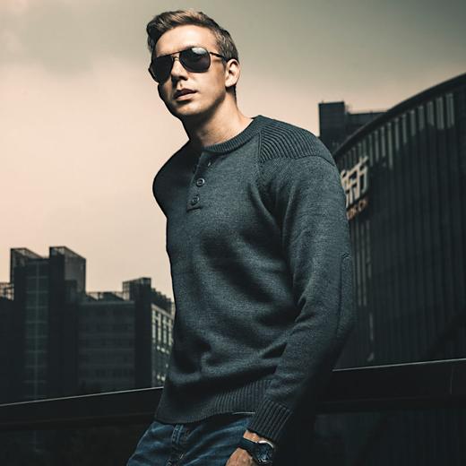 2020龙牙秋冬新款纯羊毛隐鳞美丽诺羊毛亨利领套头毛衣男士美利奴 商品图0