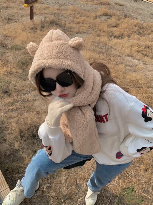 JENNIE同款 小熊帽子围巾 杏色/棕色 冬天超暖和还好看 商品图12